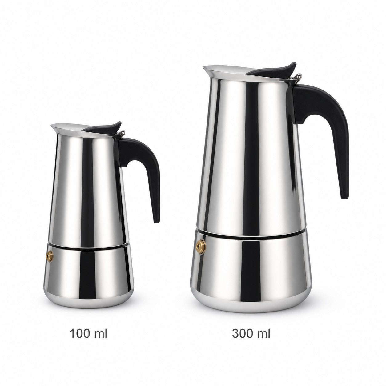Dos cafeteras italianas Import Famys de acero inoxidable con mango negro, tamaños de 100 ml y 300 ml sobre fondo blanco.